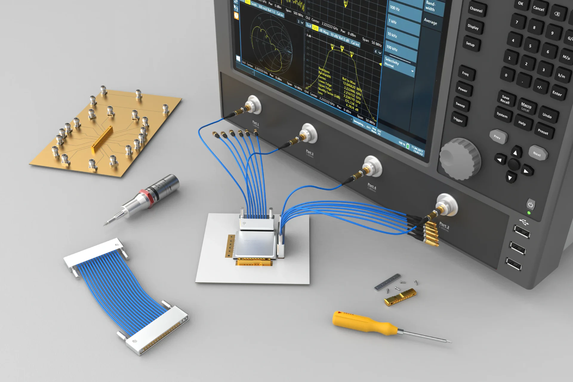 A 1×8 SMPX harness connecting a DUT to a multiport VNA