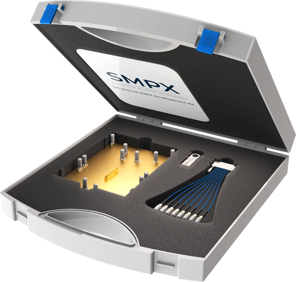 SMPX development kit case with board mount connectors, evaluation board and cable assembly